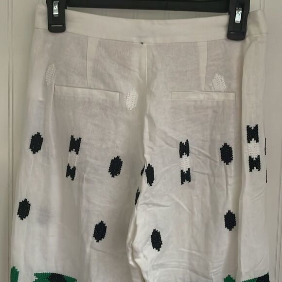 Zara Embroidered Linen Blend Pants White Green Aztec Design Pocket Blogger Fav S - Picture 6 of 16